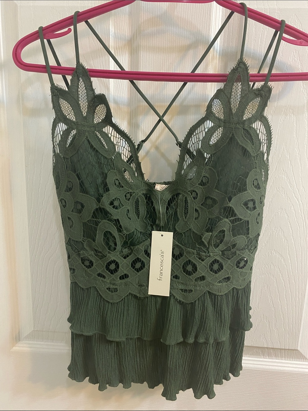 Mi Ami Francesca’s Sage Green Lace Bodice Ruffle Criss Cross Top Small NWT Cute